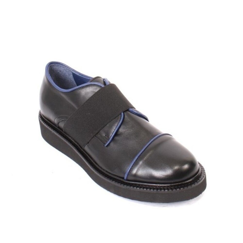 Isabelle 292a Black Blue Leather Elastic Platform Wedge Shoes